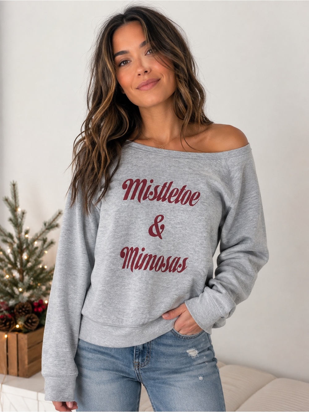 Project Social T Mistletoe & Mimosas Graphic Sweatshirt Gray Burgundy Raglan L